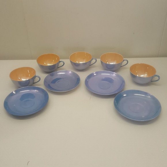 Meito China Handpainted in Japan Blue Orange Lusterware Cups Saucers Set of 4 - Picture 5 of 8